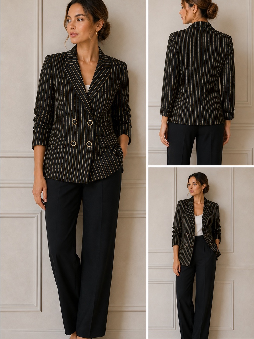 Evanna petites Striped Black & Gold Double-Breasted Blazer Jacket